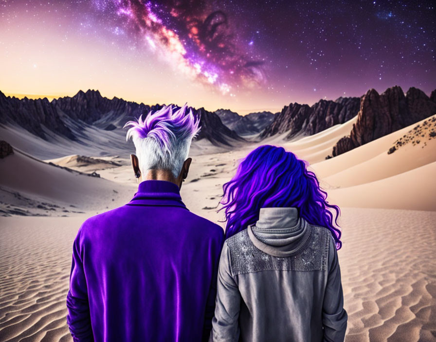 Two individuals with vibrant purple hair in desert under starry sky.