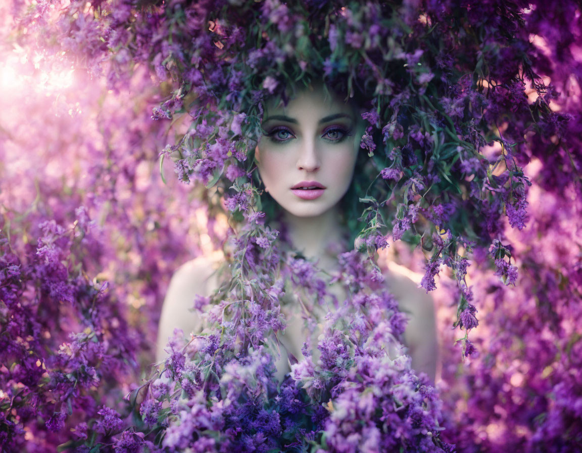 Woman with vibrant eyes and expressive makeup surrounded by purple blooms