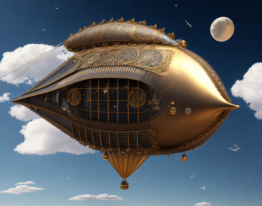 Steampunk-style airship with golden details in sky with birds, clouds, and moon.