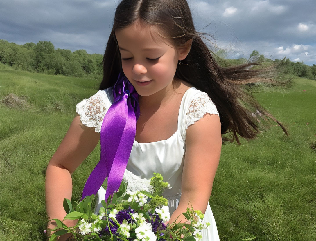 Young girl in white dress with lace sleeves holding bouquet in green field under cloudy sky