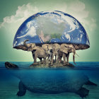 Surreal artwork: People with hardhats lifting giant globe above nest structure.