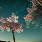 Serene night sky with crescent moon and cherry blossom tree.