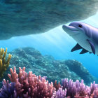 Colorful Coral Reefs with Swimming Dolphin in Clear Blue Water