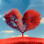 Surreal tree with heart-shaped branches in red grass field under blue sky