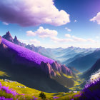 Scenic landscape with purple fields, rocky peaks, and rolling hills