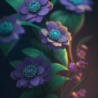 Vibrant purple flowers with green centers in soft, moody lighting