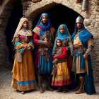 Group in Vibrant Middle Eastern Attire Against Rocky Background