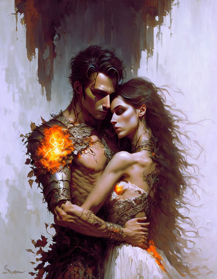 Illustrated couple in fiery armor and tattoos embrace in mystical setting