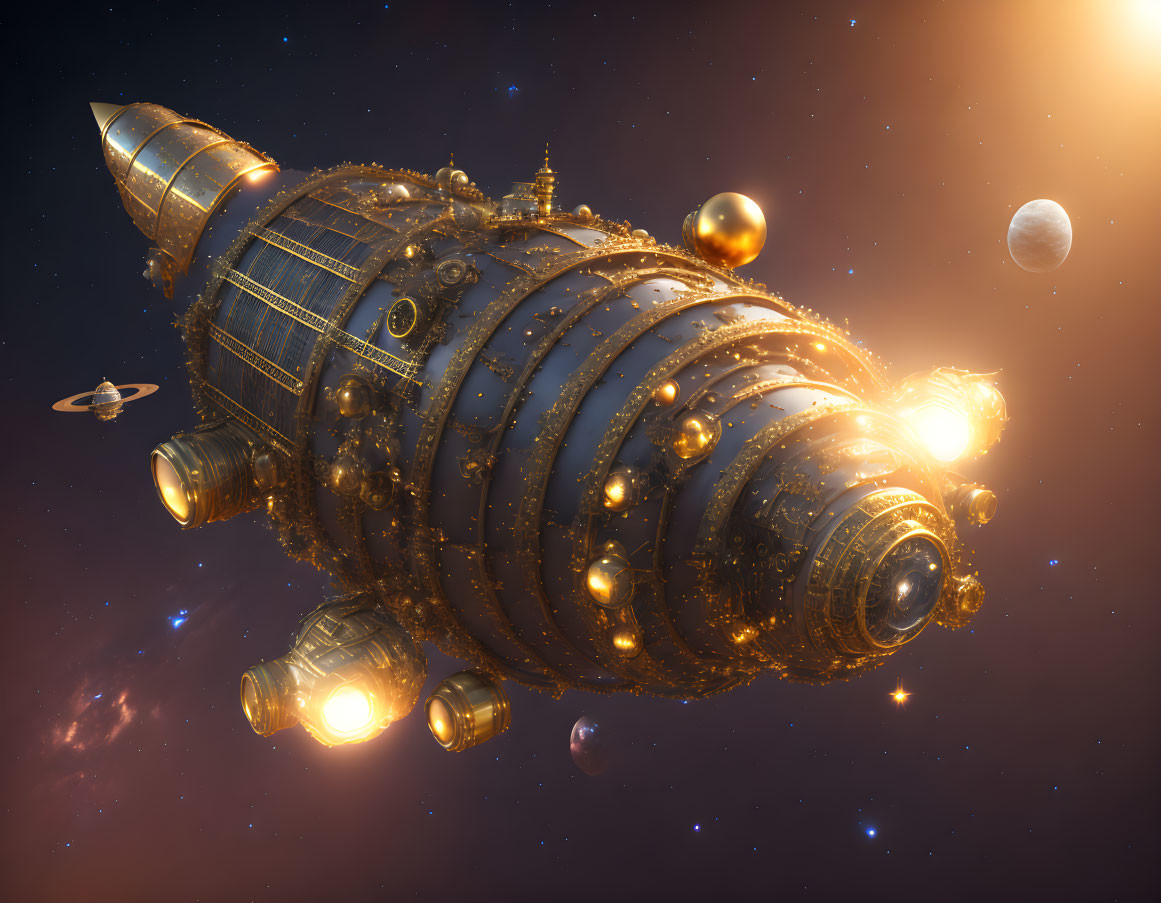 Ornate spaceship with glowing lights in space surrounded by planets and smaller craft