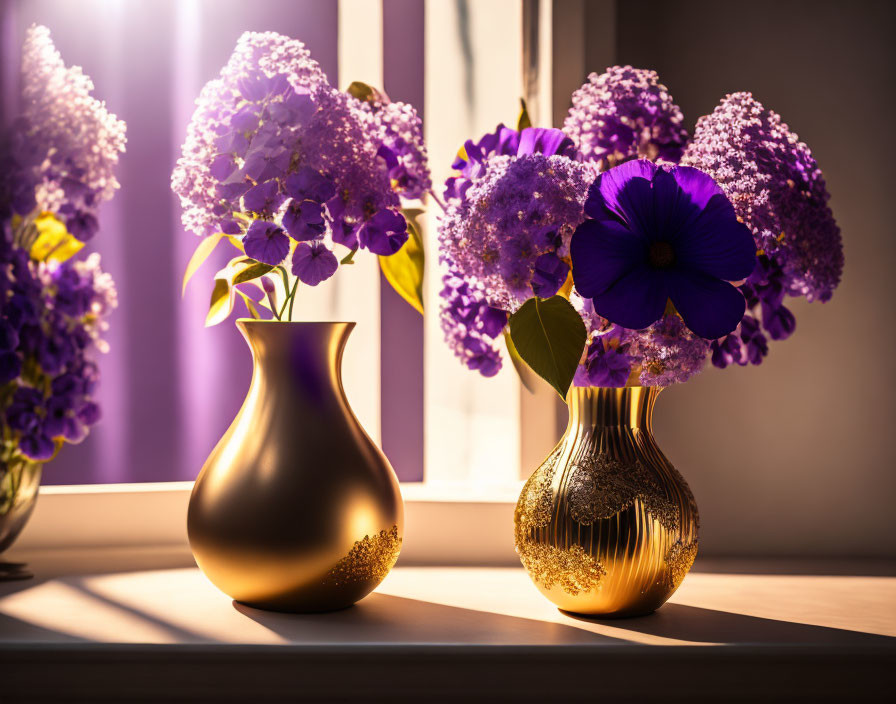 Purple flowers in vases under sunlight by window sill