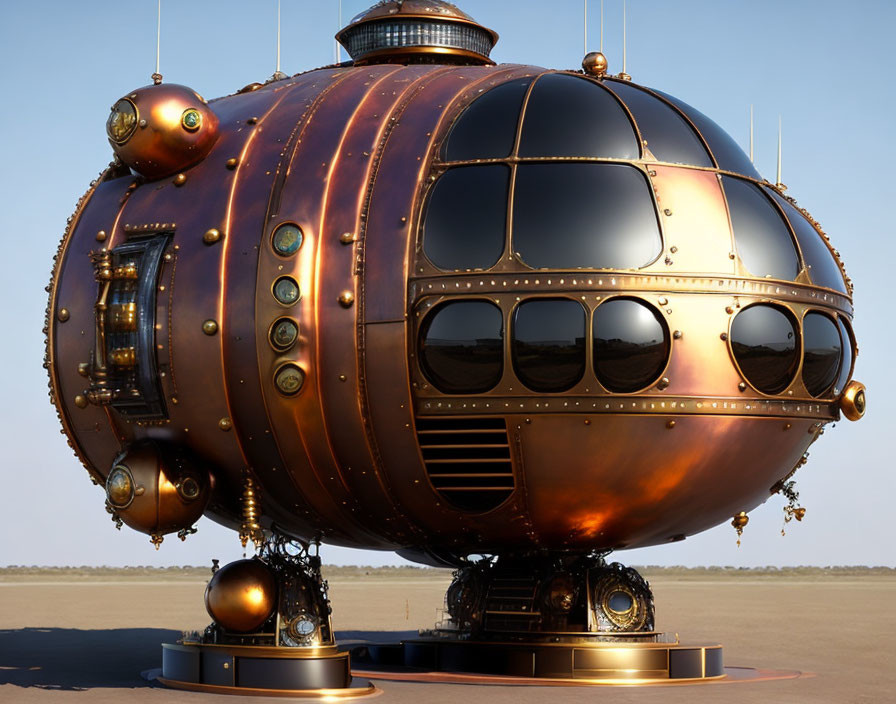 Steampunk-inspired spherical vehicle with copper finish and porthole windows.