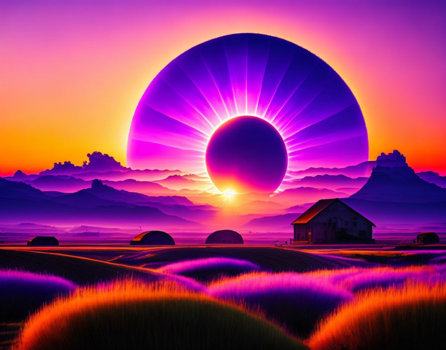 Surreal landscape with radiant eclipse and colorful hues over rolling field