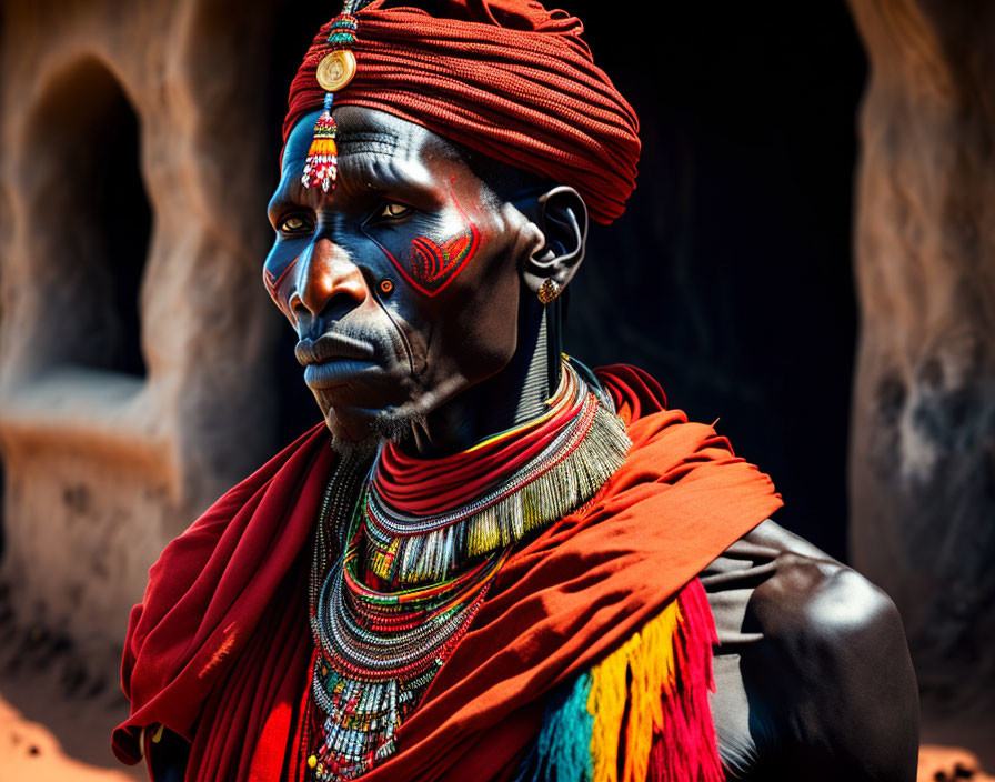 Traditional face paint and headgear on person with colorful accessories and red shawl