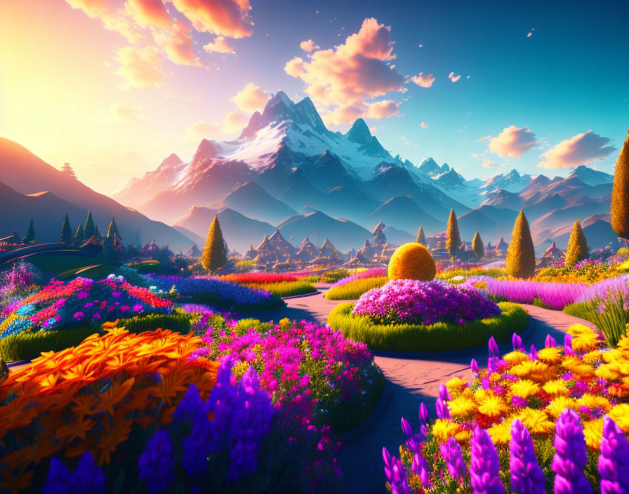 Colorful Flowers in Vibrant Garden with Snow-Capped Mountains at Sunset