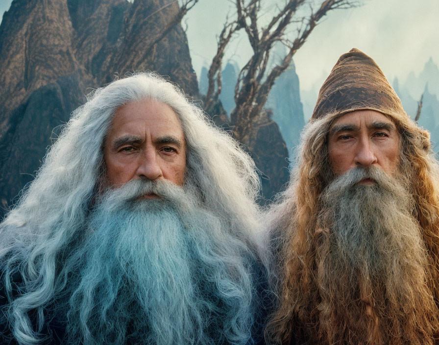 Men with long beards and robes in mystical forest setting