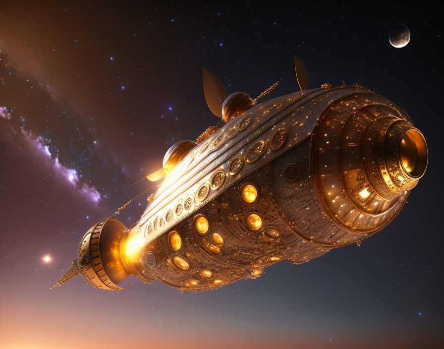 Detailed Steampunk Style Airship Flying in Twilight Sky