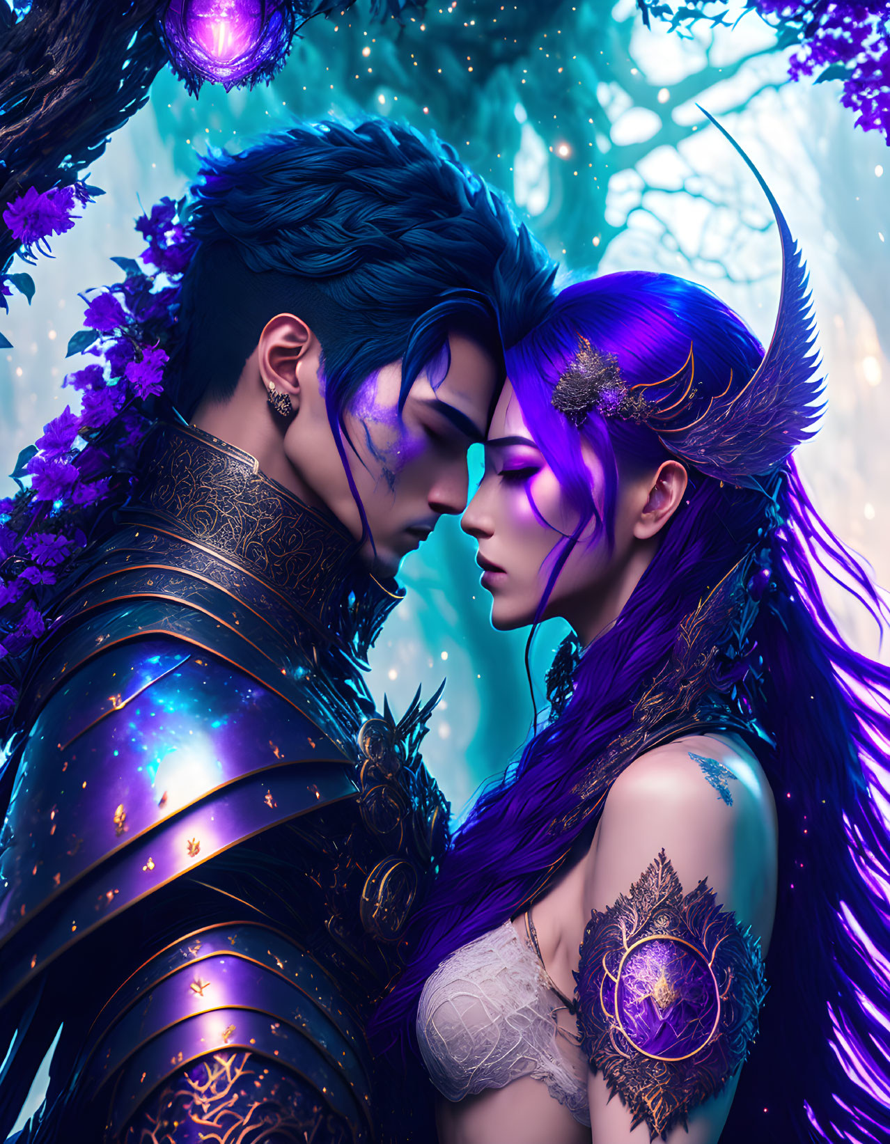 Fantasy man and woman in dark armor with purple hair, touching foreheads in mystical forest.