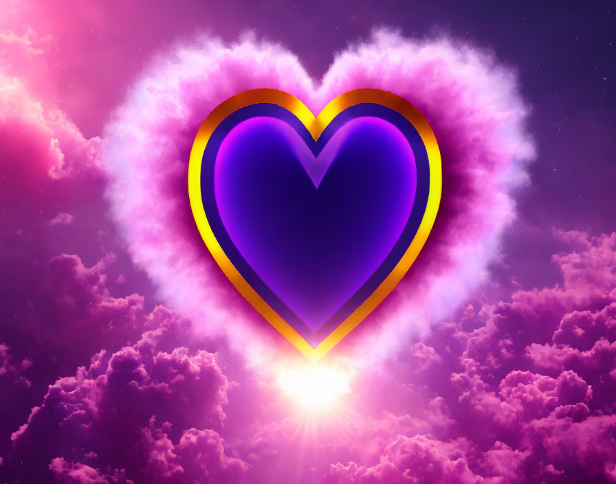 Colorful heart-shaped aura over purple-pink sky with bright light