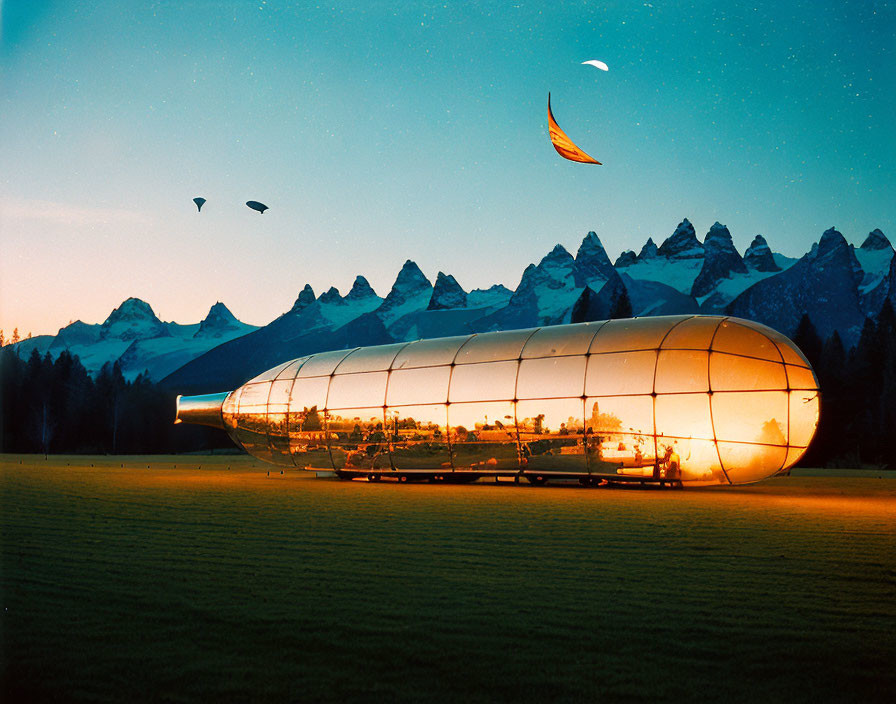 Reflective cylindrical building in front of mountain range with paragliders at dusk