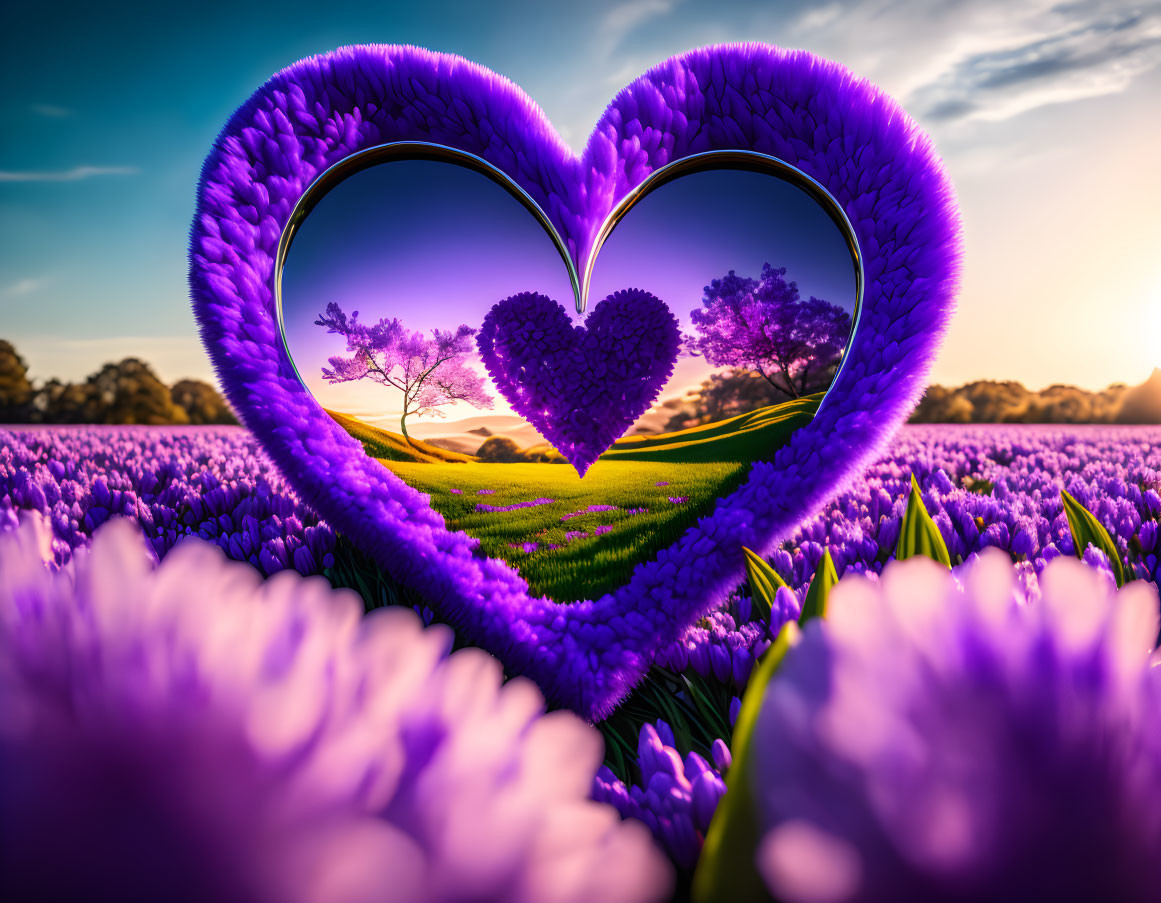 Heart-shaped frame showcasing romantic landscape with purple flowers, lone tree, and sunset sky