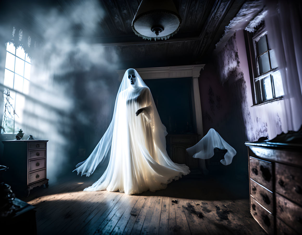 Ghostly Figure in Sheet Stands in Dim Room with Light Streaming