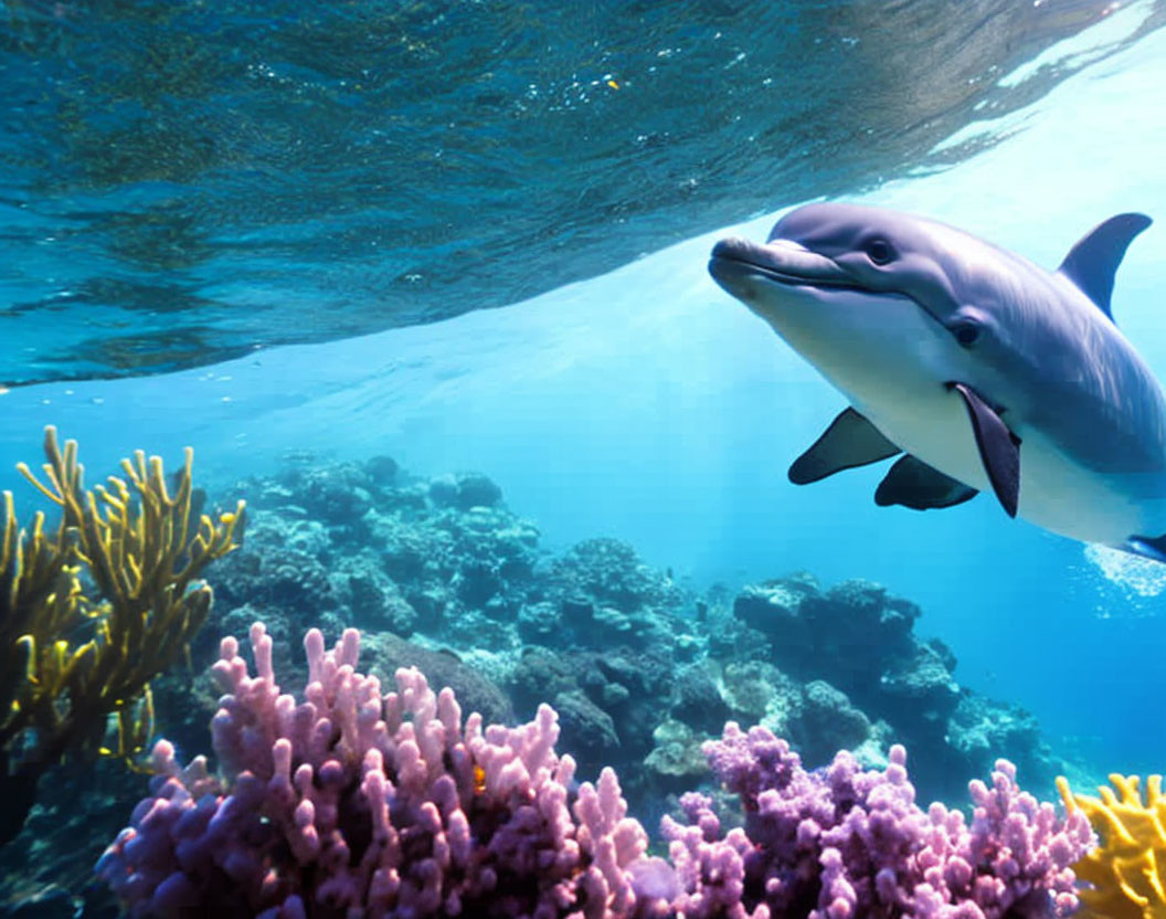 Colorful Coral Reefs with Swimming Dolphin in Clear Blue Water