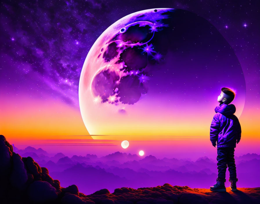 Child in spacesuit gazes at purple planet on rocky terrain