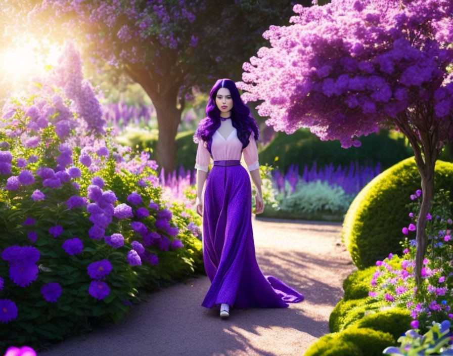 Purple-haired woman in garden path with lush foliage and flowers