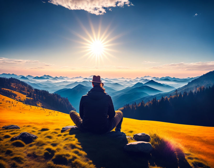 Individual admiring sunset from mountain overlook with rolling hills and clear blue sky