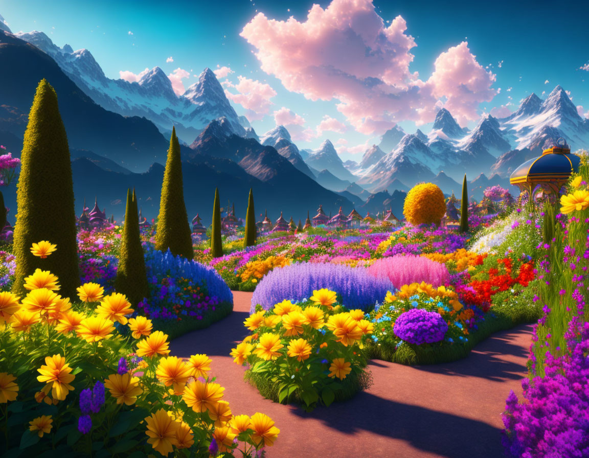 Colorful Flowers and Trimmed Hedges in Mountainous Garden