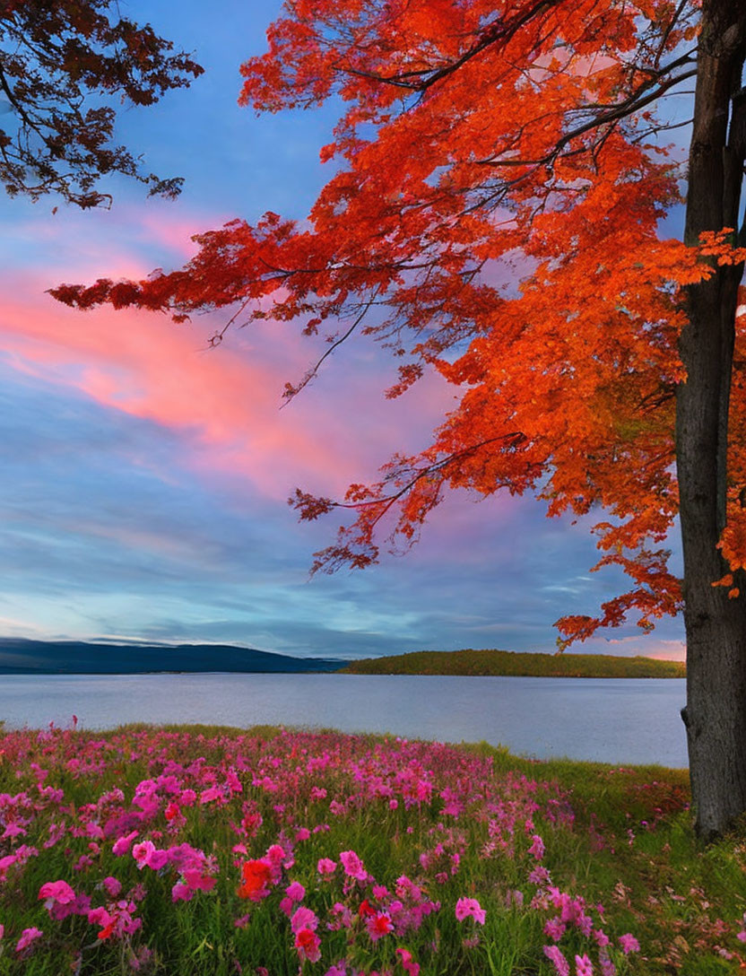 Scenic autumn landscape with red leaves, pink wildflowers, lake, and sunset sky