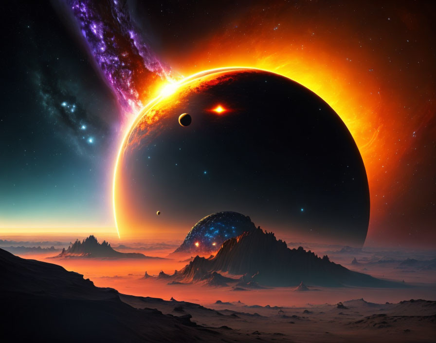 Large Planet Rising Over Alien Landscape with Star and Galaxy