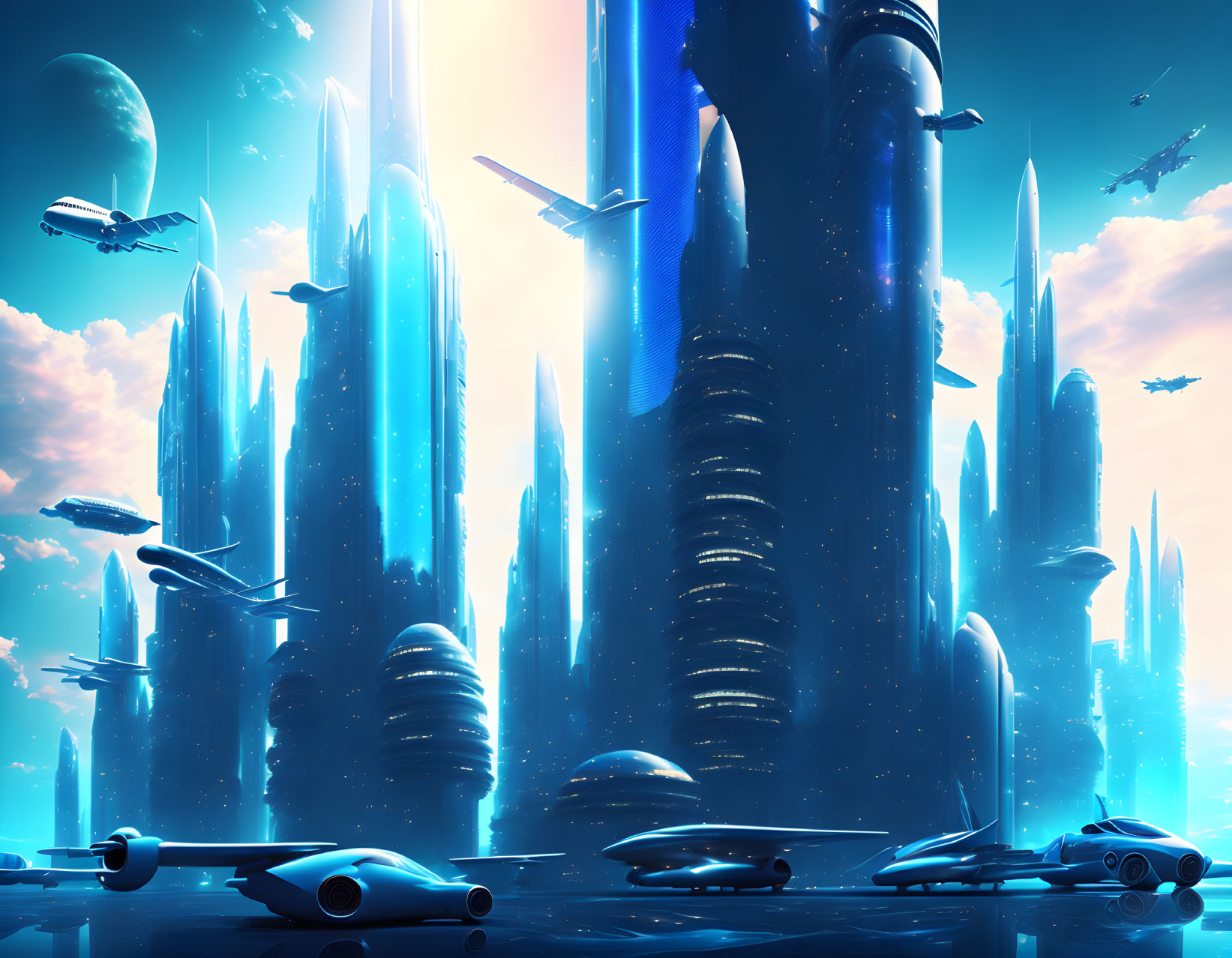 Futuristic cityscape with skyscrapers and flying vehicles in a blue sky.