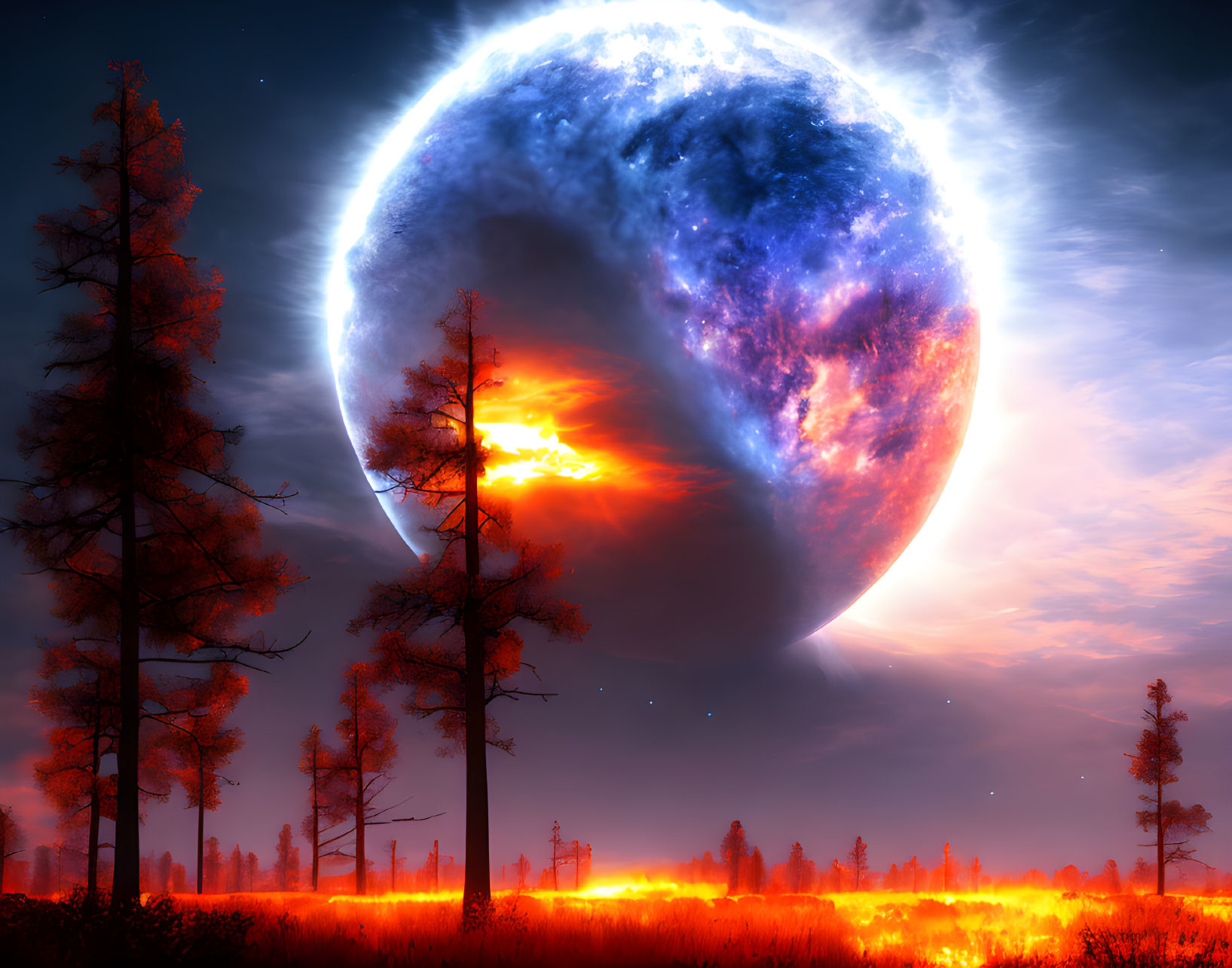 Surreal landscape with giant moon, fiery forest, and glowing horizon