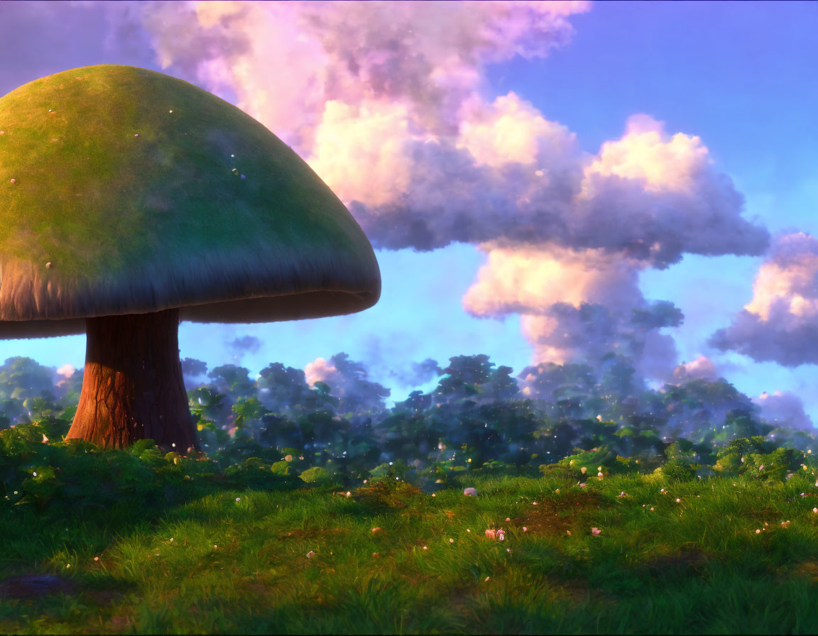 Giant mushroom in lush field under pink-tinged sunset sky