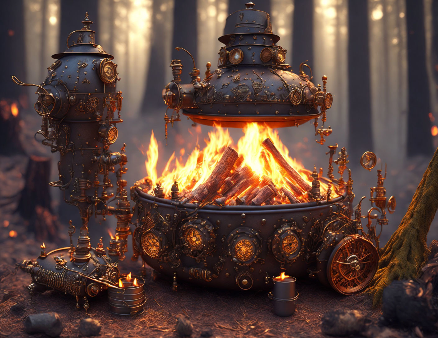 Steampunk-style samovars by campfire in mystical forest.