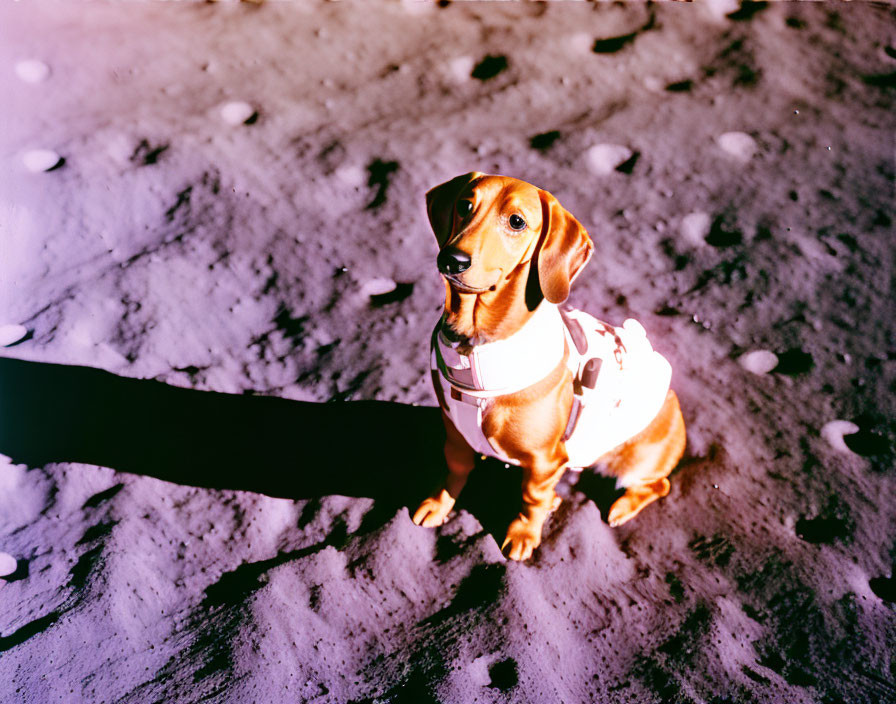 Short-Haired Dachshund in Pink Harness on Sandy Surface