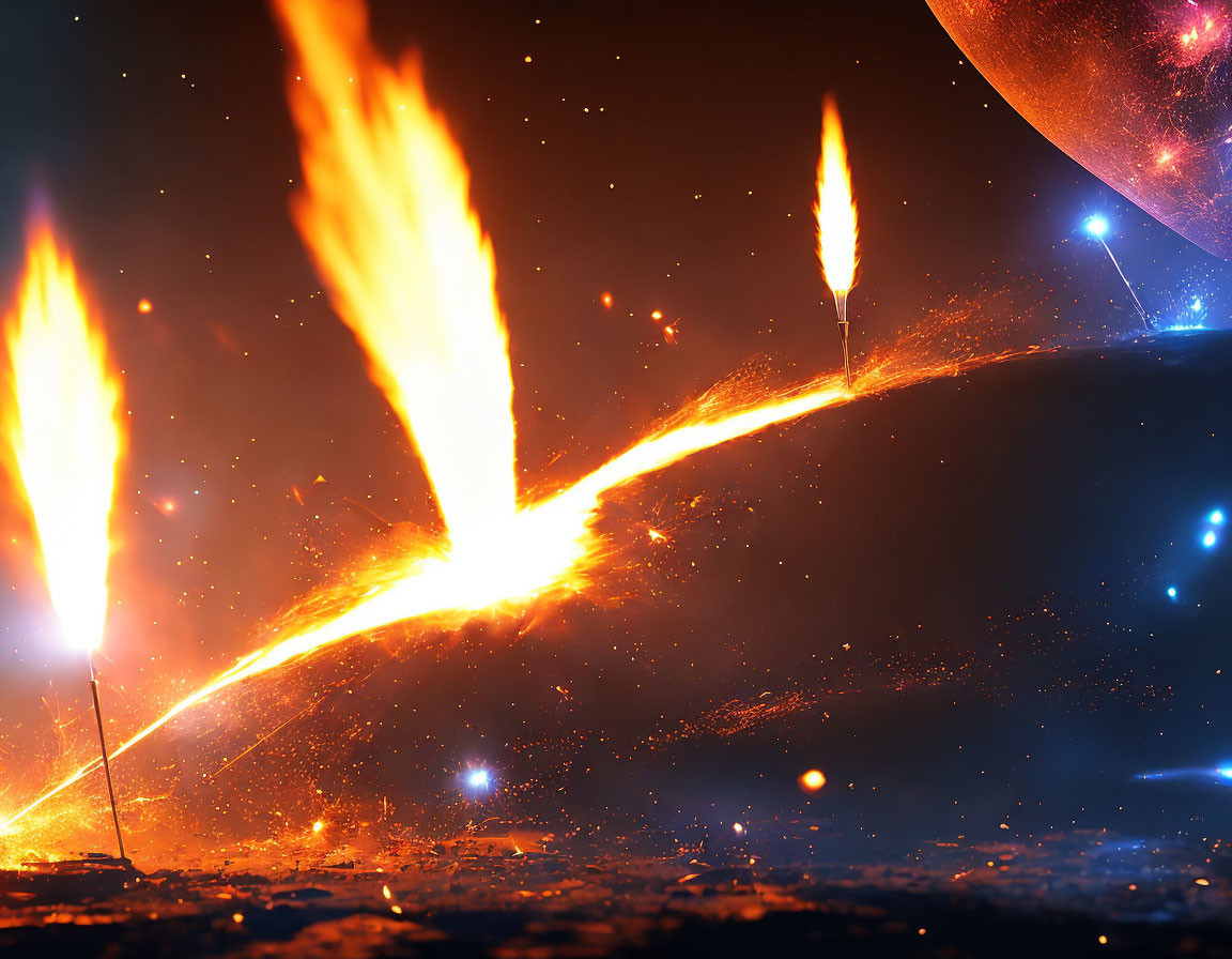 Fiery sparks and molten material against dark, glowing background