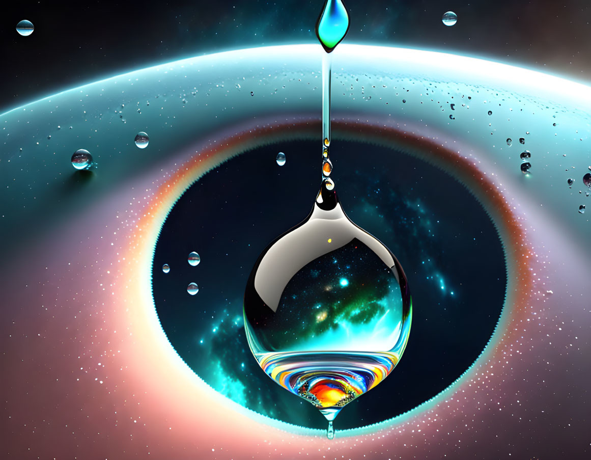 Colorful digital artwork of water droplets with cosmic background.