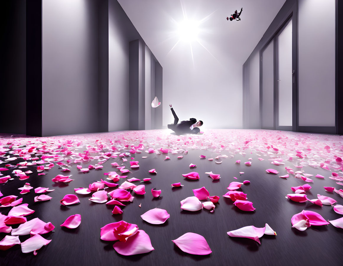 Person surrounded by pink petals under bright light in grey room with flying papers and three doors.