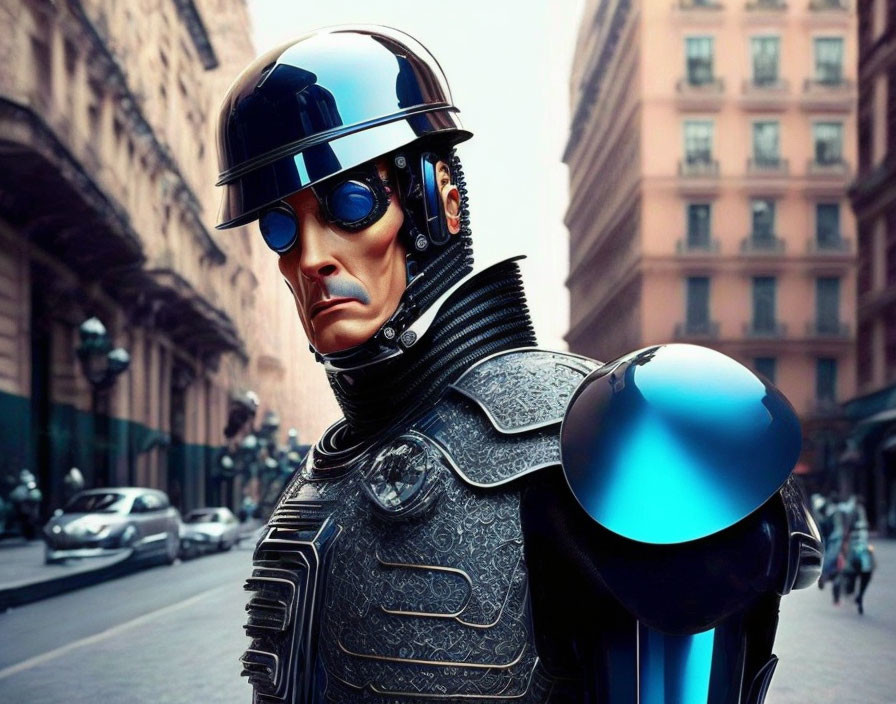 Futuristic police helmet and armor on city street