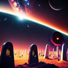 Surreal nightscape with multiple moons and standing stones