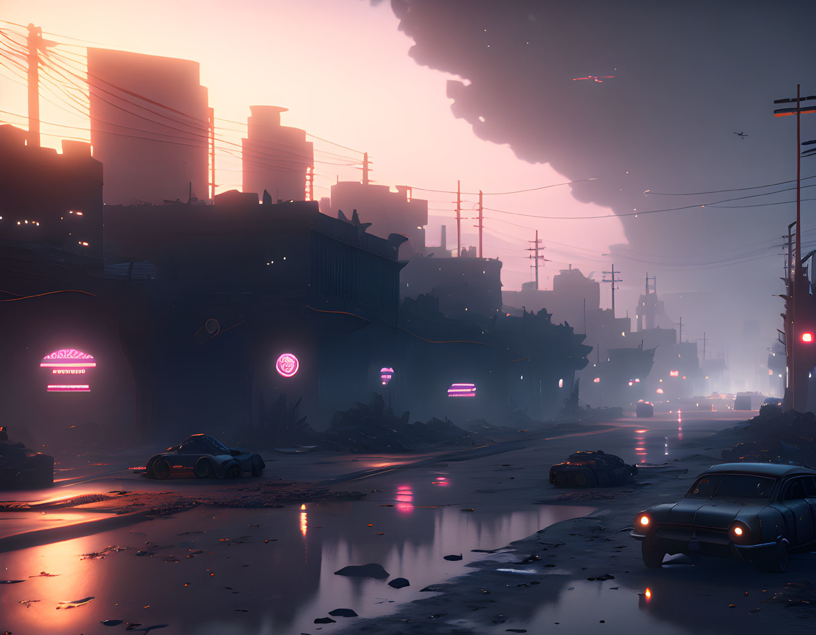 Dystopian cityscape at dusk with neon signs and dark smoke.