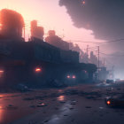 Dystopian cityscape at dusk with neon signs and dark smoke.