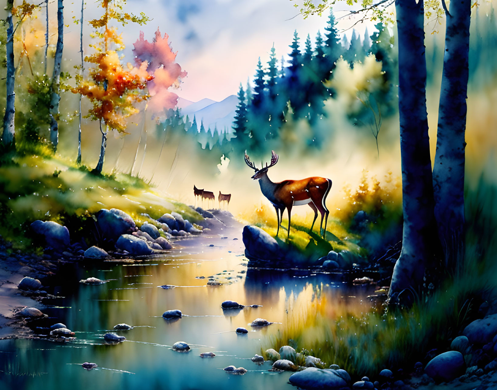 Tranquil forest scene with stag, wolf, colorful trees, and glowing sunlight