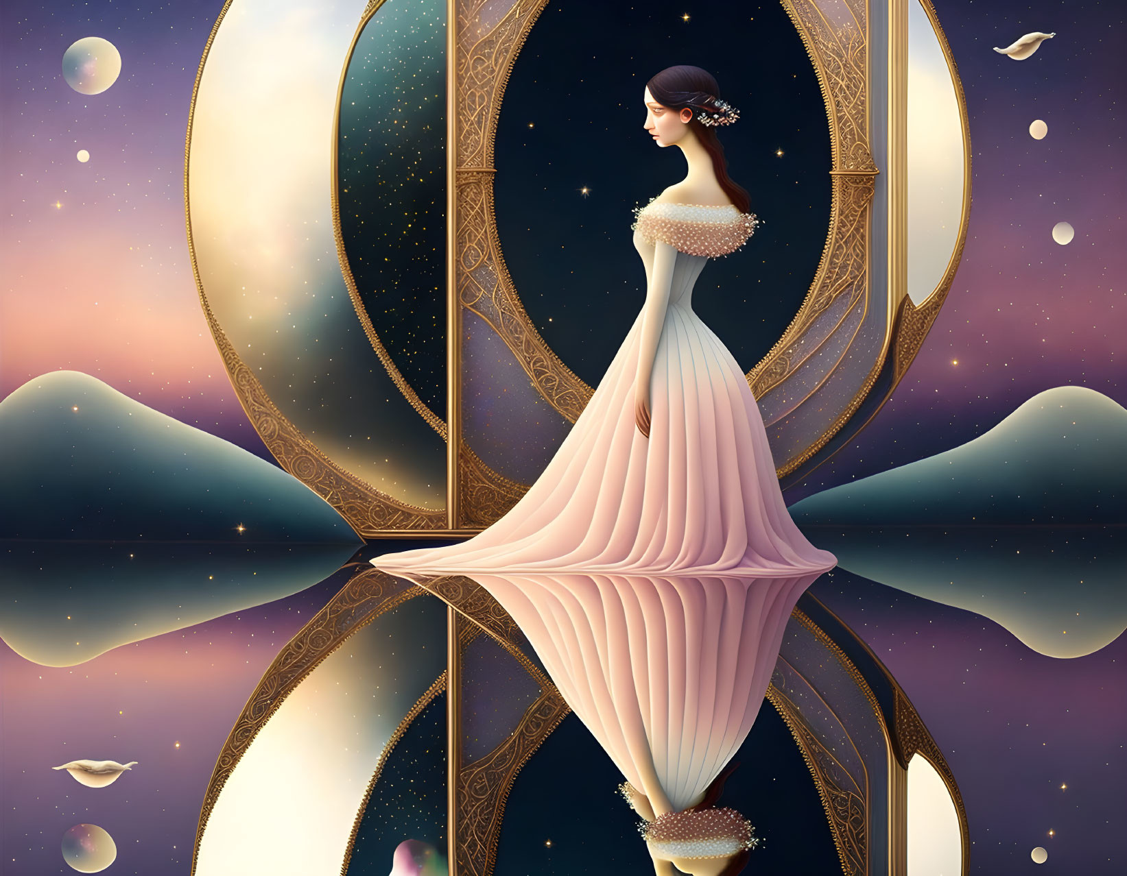 Whimsical artwork of woman in gown amid cosmic mirrors