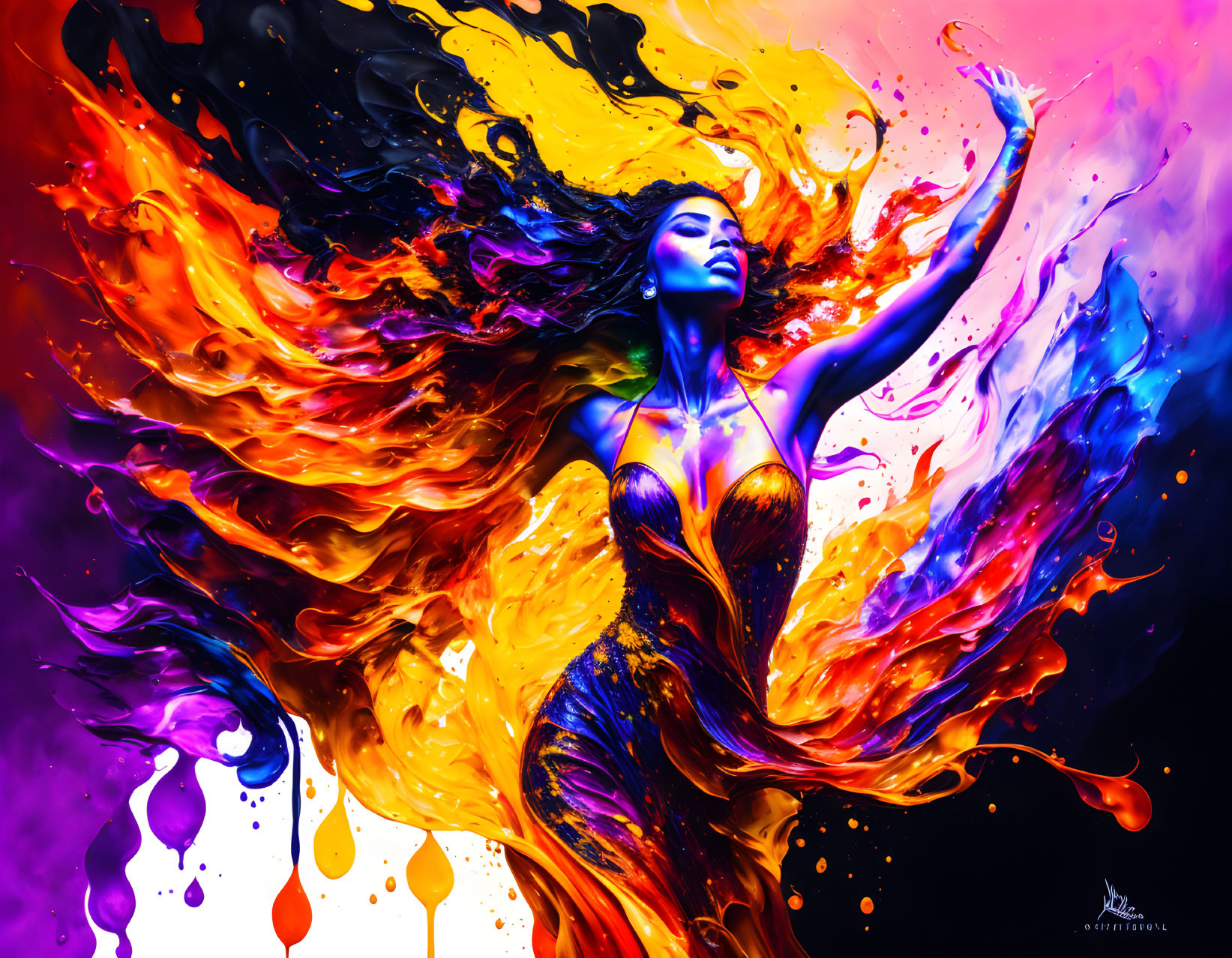 Colorful artwork of woman merging with dynamic paint splashes