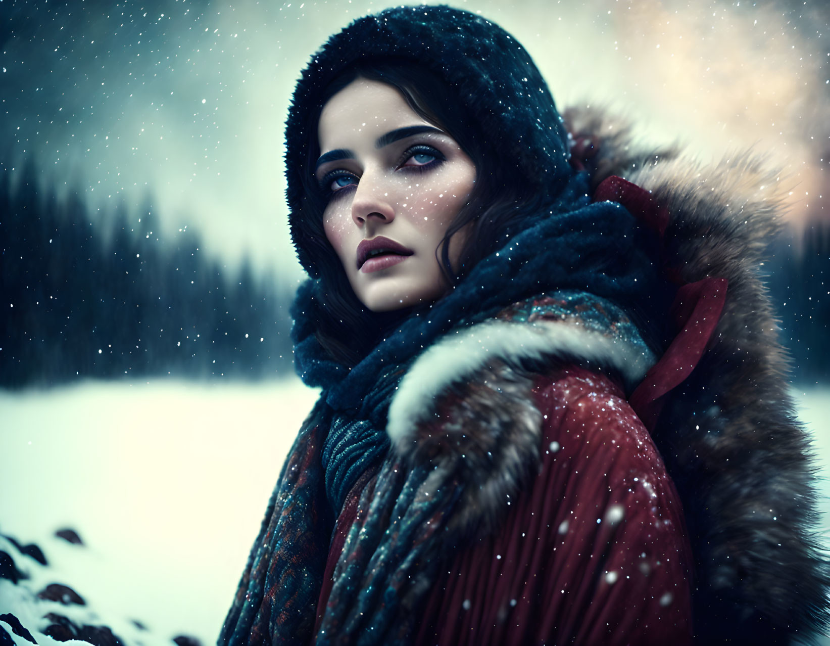 Dark-Haired Person in Winter Coat Amidst Snowfall