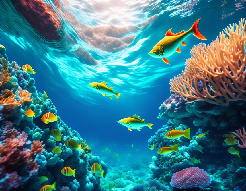 Colorful Fish Swimming in Vibrant Underwater Coral Reef Scene