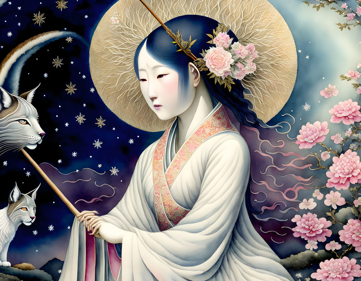 Woman in traditional attire with pale blue skin, halo, staff, mystical foxes, cherry blossoms